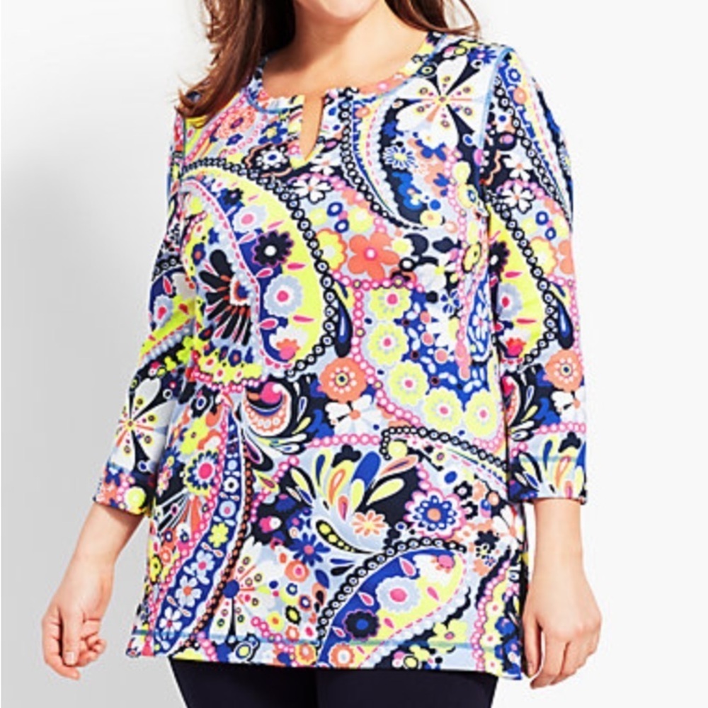 TALBOTS WOMEN'S MULTICOLOR PRINTED 3/4 SLEEVE UPF 50 PIQUE TUNIC TOP Sz 2X